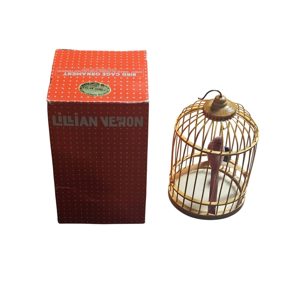 Vintage Lillian Vernon Bird Cage Ornament Wood with Flocked Bird Art Deco LV9223